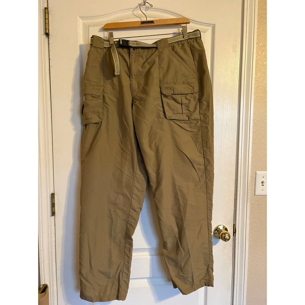 LL Bean Mens XL Tall Khaki Nylon Cargo Hiking Pants Belted Mesh Lined Tan